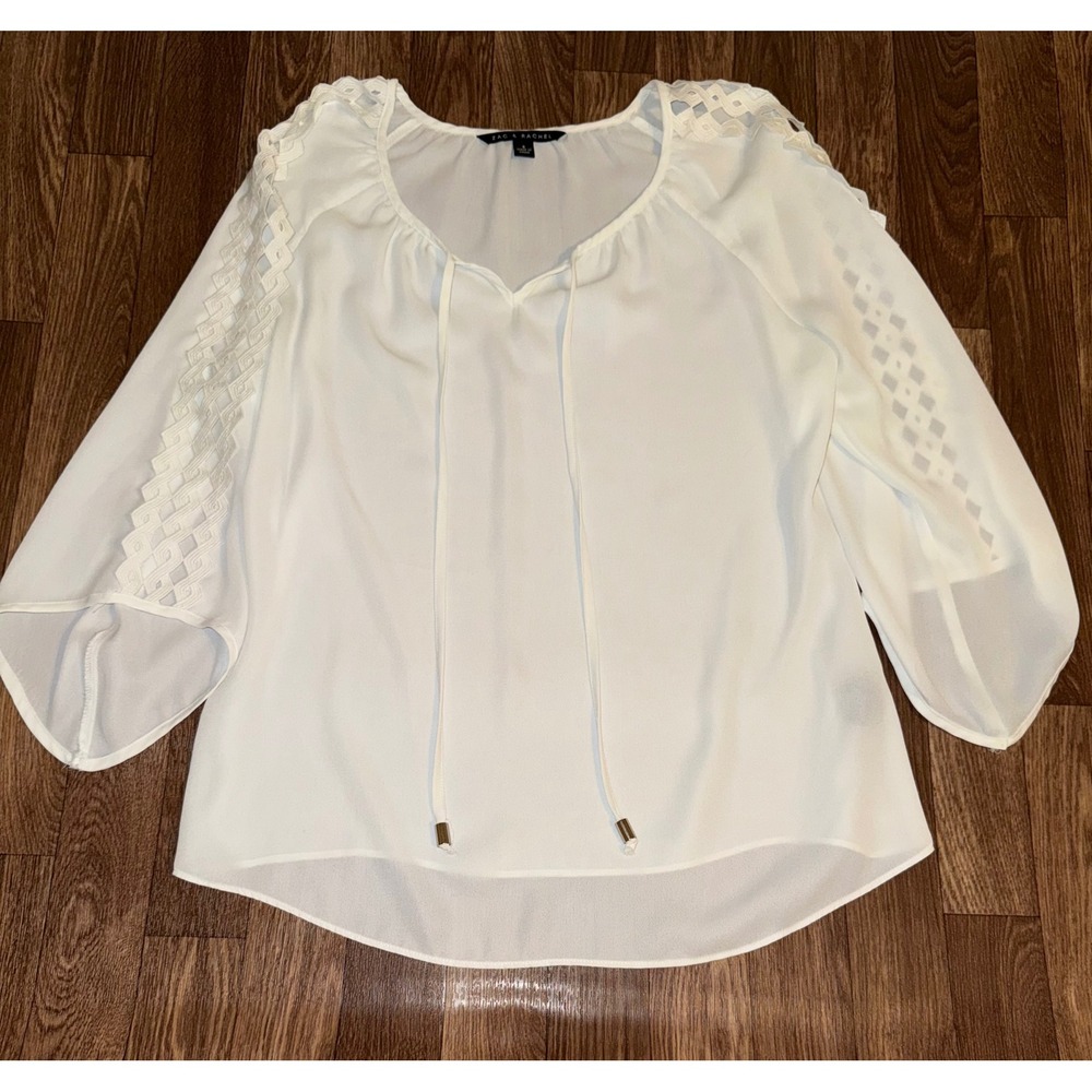Zac &‎ Rachel White Peasant Blouse 3/4 Bell Sleeve Crochet Lattice Trim Small